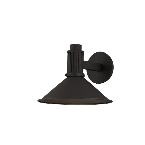 The Elani wall sconce brings RLM-inspired industrial style to contemporary outdoor spaces. Its textured black aluminum construction and downward-directed light make it ideal for illuminating entrances and walkways with modern flair.
