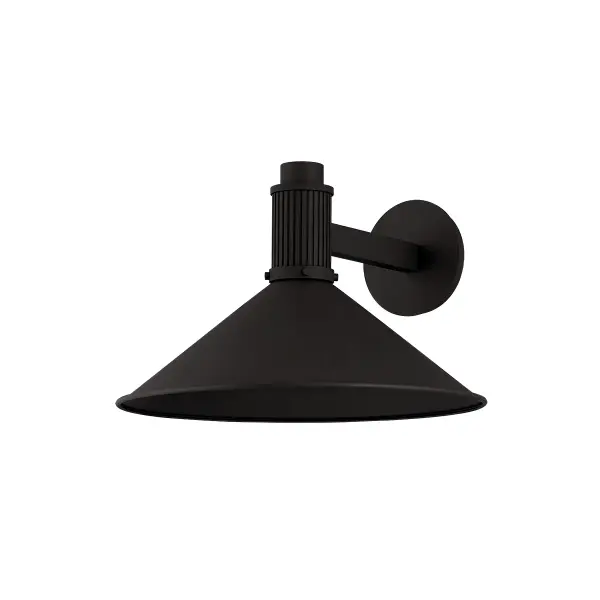 The Elani wall sconce brings RLM-inspired industrial design to contemporary outdoor spaces. Its textured black aluminum construction and downward-directed light make it ideal for illuminating entrances and walkways with modern style.