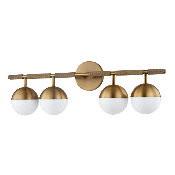 The Enson vanity fixture brings sophisticated modern design to bathroom spaces with its architecturally suspended opal glass globes and textured knurled details. The warm patina brass finish adds luxury while LED technology provides efficient, quality illumination.
