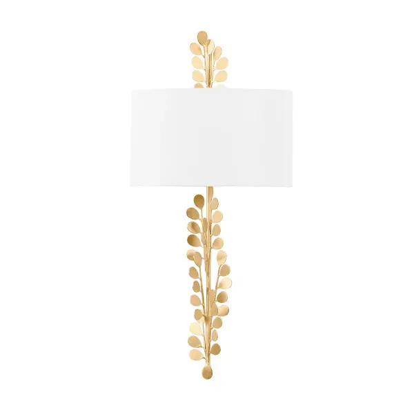 The Adrienne wall sconce brings organic elegance to any space with its botanical leaf motif and vintage gold leaf finish. The white linen shade softens the light beautifully while the vine-like metalwork adds visual interest.