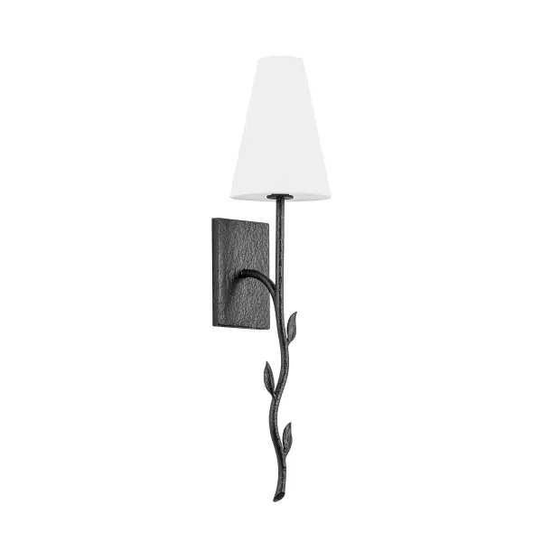 The Elwyn wall sconce reimagines vintage candlestick design with delicate botanical leaf details and an elongated silhouette. Its off-white linen shade softens the light while the Black Iron finish adds timeless sophistication to any space.