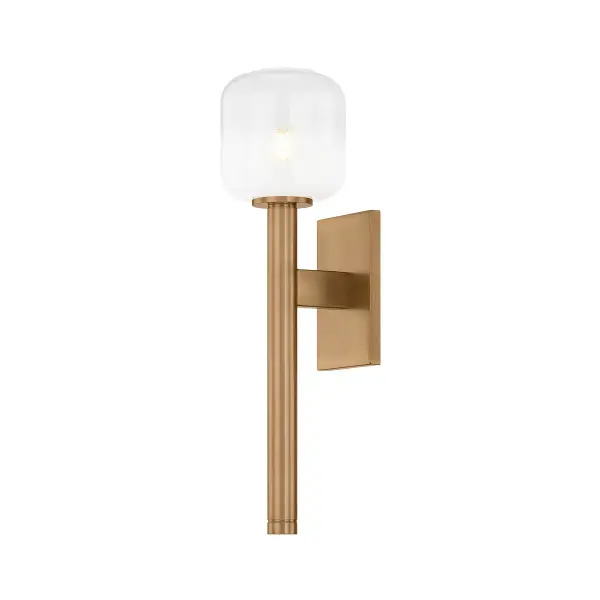 The Axton wall sconce blends industrial mechanics with botanical elegance through its distinctive torch silhouette. Clean lines and a cloudy Sfumato glass shade create visual balance, while the Patina Brass finish adds warmth to modern and transitional interiors.