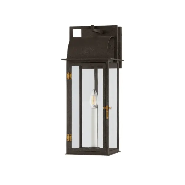 The Bohen wall sconce beautifully bridges traditional American gas lantern design with contemporary clean lines. Its French Iron finish with Patina Brass accents delivers rustic elegance perfect for classic homes.