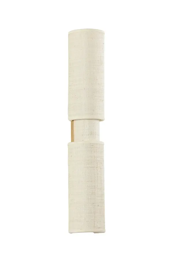 The Ashton sconce brings natural texture and warmth through its distinctive woven Saguran fabric shades. Three overlapping cylindrical forms create dimensional lighting with soft ambient glow, perfect for intimate spaces.