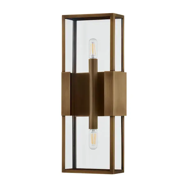 Santa Clara reimagines the classic box lantern with clean lines and transparent glass that maximizes light output. The patina brass finish adds warmth while minimal metalwork keeps the design contemporary and unobtrusive.