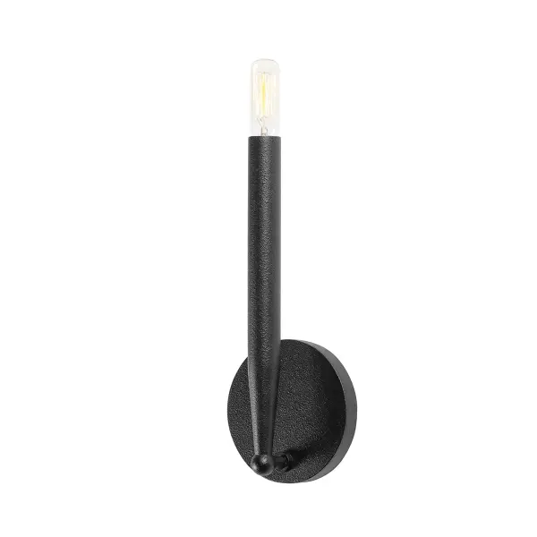 The Levi wall sconce delivers clean, modern style with its exposed bulb design and textured forged iron finish. Its compact 4.5-inch profile makes it ideal for tight spaces like powder rooms and hallways while the monochromatic finish adds subtle sophistication.
