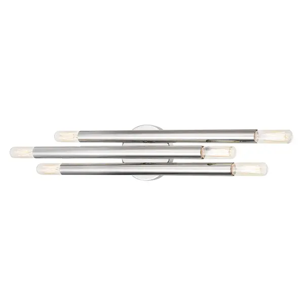 The Orland delivers minimalist sophistication with six cylindrical metal shades arranged at varying heights. Its polished nickel finish and clean lines make it ideal for modern bathrooms, while horizontal or vertical mounting flexibility adapts to any space.