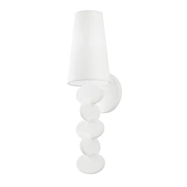 The Ellios wall sconce brings sculptural elegance with its flowing oval metalwork that climbs toward a white linen shade. The textured Gesso White finish adds organic warmth while the design creates visual interest through light and shadow play.