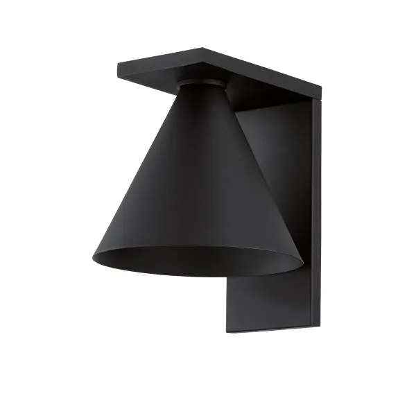 The Sean outdoor wall sconce delivers streamlined modern design with environmental responsibility. Its conical shade and textured black aluminum construction create a versatile fixture that reduces light pollution while providing functional illumination.