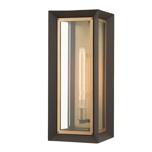 The Lowry wall sconce delivers instant curb appeal with its inverted cube design and material mix of textured bronze aluminum and patina brass. Clear beveled glass adds refinement while wet-rated construction ensures durability.