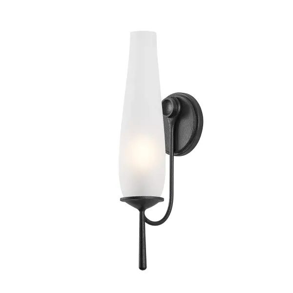 A refined wall sconce that brings timeless elegance to any space. The gracefully curved arm and etched glass shade create soft, diffused light while the forged iron finish adds authentic character.
