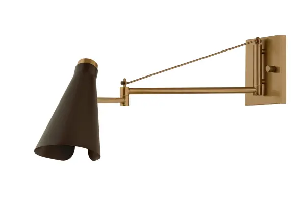 Inspired by Serge Mouille's iconic mid-century designs, this industrial-style sconce features an adjustable arm and partially exposed bulb for authentic vintage appeal. The patina brass and bronze finish combination adds depth and character.