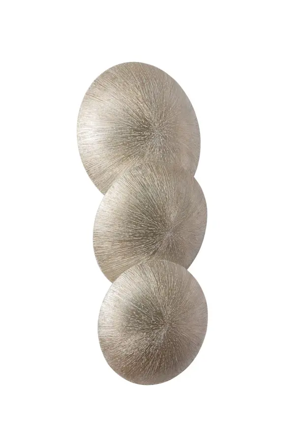 The Reef sconce brings coastal elegance indoors with its stacked curved discs and radial etched pattern inspired by coral and shells. The warm silver leaf finish adds sophisticated texture while three small lights provide ambient illumination.