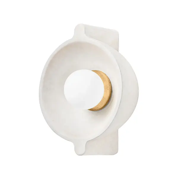 The Modesto wall sconce brings coastal charm with modern sensibility. Its finned ceramic dome shade in Fossil White creates visual texture, while minimal Patina Brass hardware adds warmth without overwhelming the design.