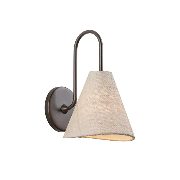 The Candler sconce brings playful sophistication with its woven Saguran shade and swooping gooseneck arm. The undulating shade edge and curved metalwork create visual movement, while the Bronze Leaf finish adds warmth. Perfect for adding character to intimate spaces.