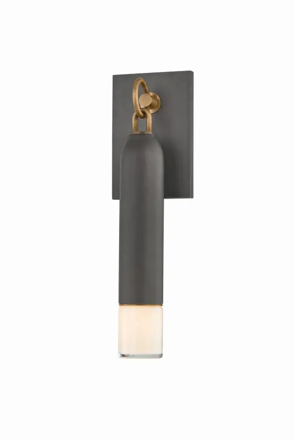 The Osprey wall sconce combines contemporary design with subtle nautical influence. Its streamlined capsule shape features patina brass accents and opal glass that creates a soft, diffused glow. Wet-rated for versatile placement.
