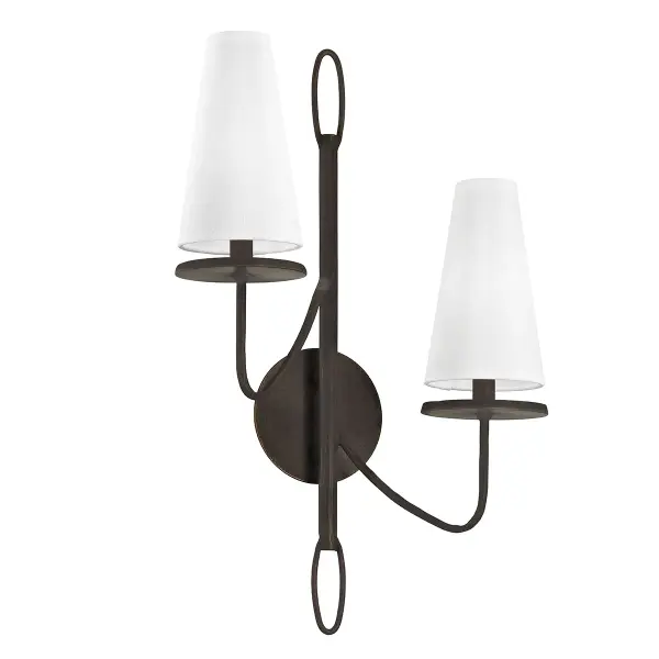 The Marcel sconce combines hand-worked iron in textured bronze with white cotton shades for a sophisticated, versatile look. Its 23.5-inch height makes a statement while the dual lights provide ample illumination.