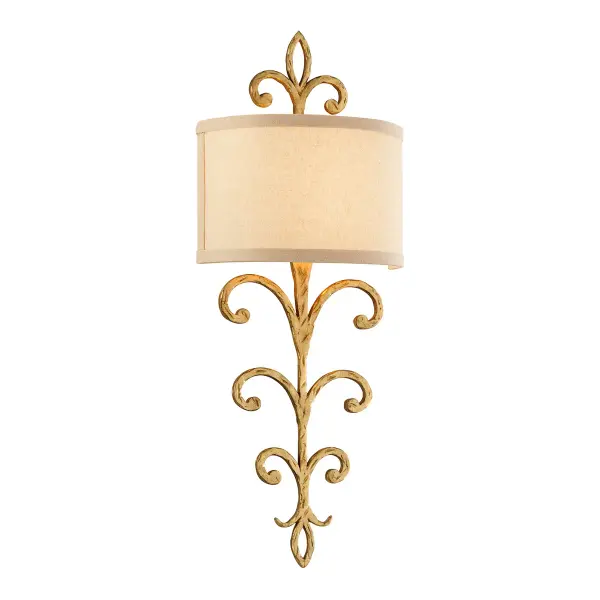 The Crawford wall sconce combines artisanal craftsmanship with transitional design. Hand-worked iron in Crawford Gold finish paired with hardback linen shades creates sophisticated ambient lighting for residential and hospitality spaces.