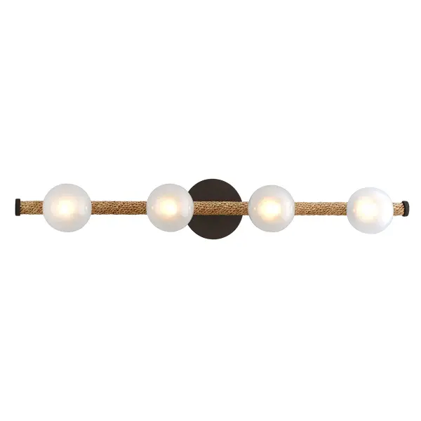 The Nomad vanity light combines artisanal hand-worked iron with modern LED efficiency. Its 32-inch width and opal glass shades provide excellent task lighting for medium to large bathrooms while adding industrial-contemporary style.