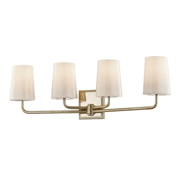 The Simone vanity light combines hand-worked iron craftsmanship with a sophisticated warm silver leaf finish and opal glossy glass shades. At 28.5 inches wide, it provides excellent illumination for medium to large vanities.