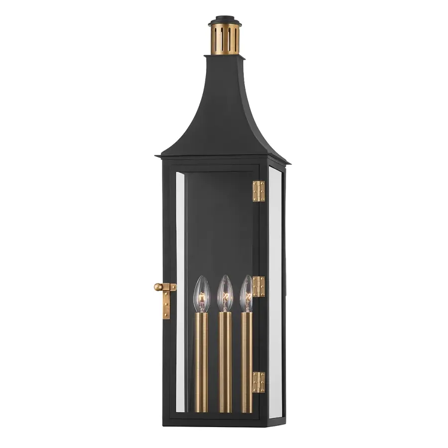 Wes Three Light Outdoor Wall Sconce in Patina Brass