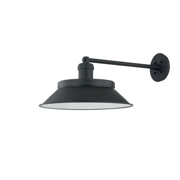 The Kaspars wall sconce brings refined Scandinavian minimalism to exterior lighting with its faceted RLM silhouette and layered chimney design. Dark Sky-rated and wet-rated for durability, it combines textured black aluminum construction with thoughtful perforated details.