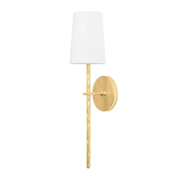 The River sconce combines hammered Vintage Gold Leaf metalwork with a crisp white linen shade for a sophisticated, organic look. Its compact 4.75" width makes it ideal for narrow spaces while the 20.5" height provides substantial presence.