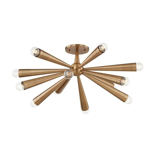 The Keanu semi-flush mount reimagines the classic sputnik silhouette with elongated cone shades radiating from a central orb. Its 30-inch span and patina brass finish deliver vintage charm with contemporary sophistication.
