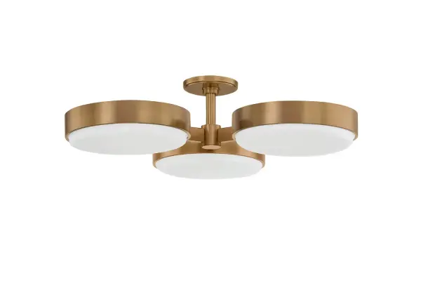 The Rory brings an artful blend of vintage warmth and contemporary design with its cluster of broad cloud glass shades and warm Patina Brass finish. At 30 inches wide, it makes a statement while maintaining a low 6.5-inch profile perfect for standard ceiling heights.