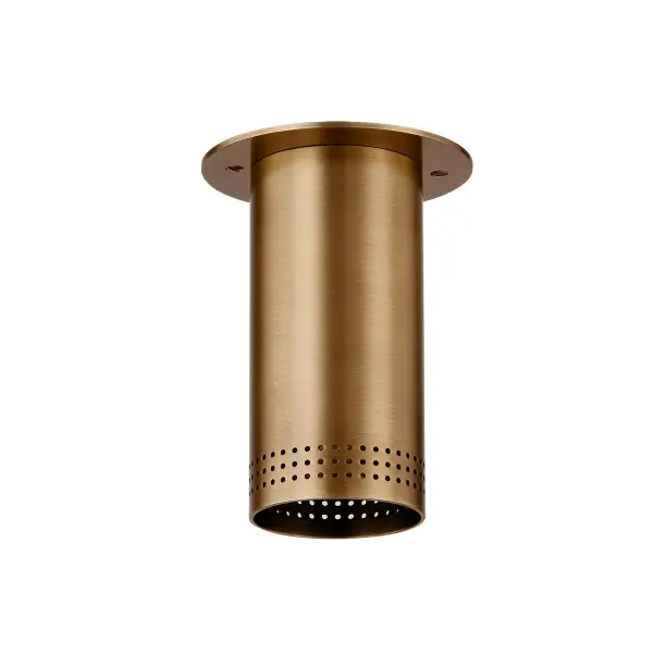 The Berg flush mount combines functional downlighting with designer aesthetics through decorative perforations that add visual interest to its compact profile. The warm patina brass finish elevates this minimalist fixture.
