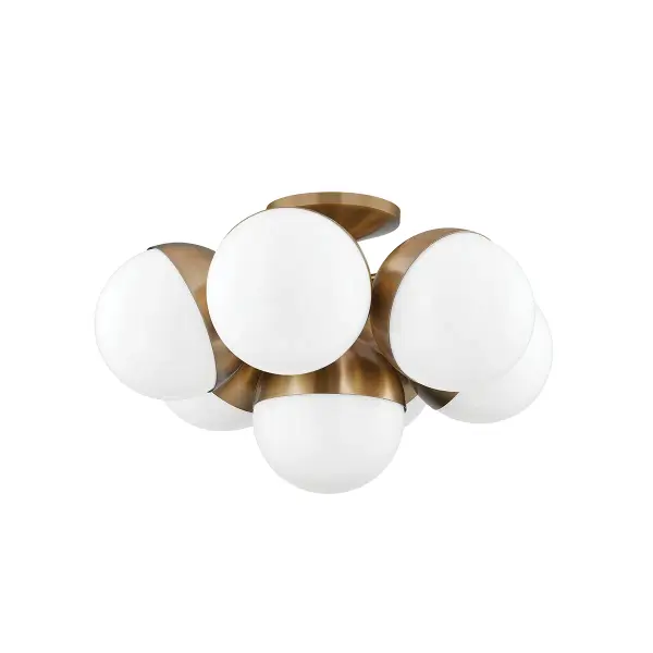 The Cupertino semi-flush mount blends industrial edge with warm sophistication. Seven opal glass globes create a cascading cluster effect that makes a bold statement while staying close to the ceiling—perfect for spaces with standard ceiling heights.
