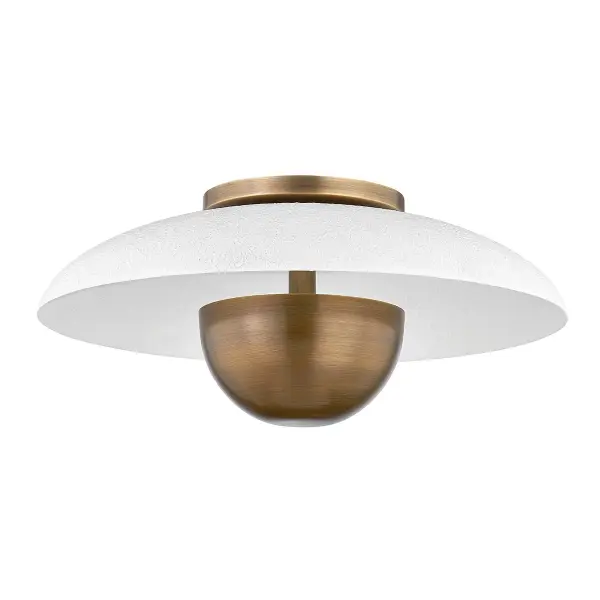 The Noah LED Flush Mount combines cosmic-inspired design with warm patina brass and textured gesso white for a sophisticated modern industrial aesthetic. Its dual-mount capability and integrated LED make it exceptionally versatile.