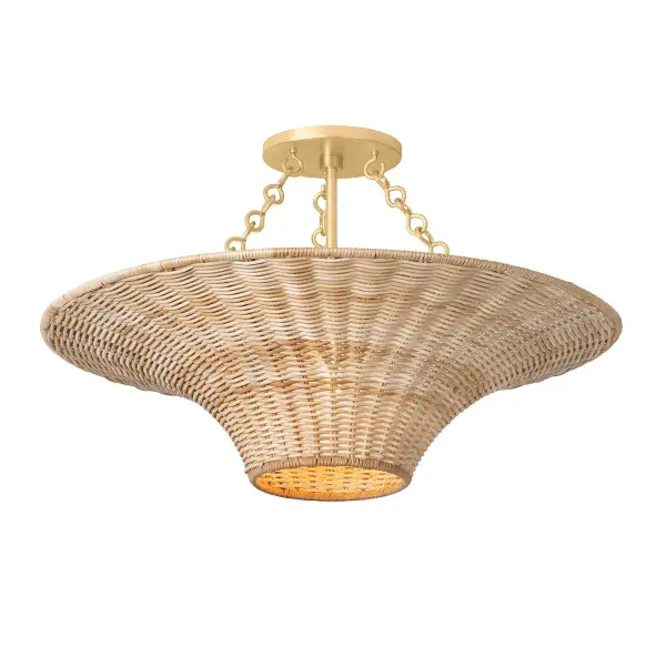 Hand-woven natural wicker in an inverted trumpet shape creates a fresh, organic aesthetic inspired by Charlotte Perriand. The exposed bulb design provides both ambient and task lighting with vintage gold leaf accents.
