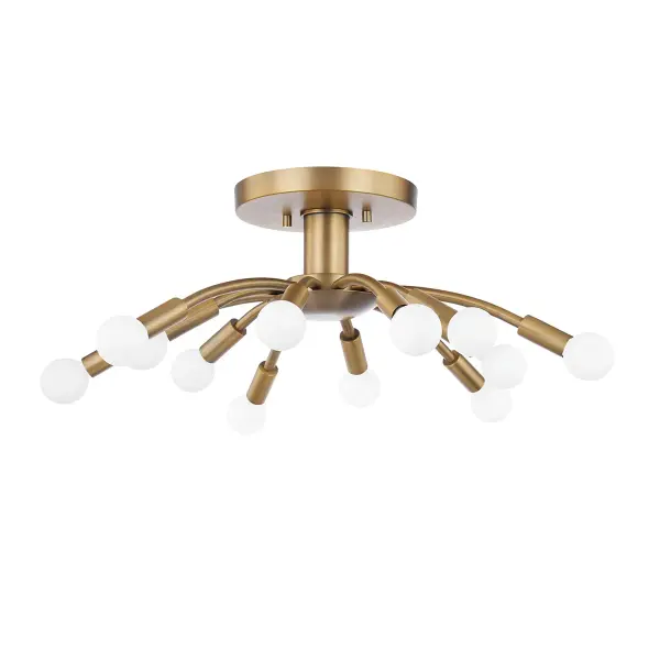 The Tristan makes a bold statement with twelve bulbs radiating from a central hub in a modern starburst configuration. Its 25-inch diameter and Patina Brass finish bring warmth and visual impact to larger spaces.