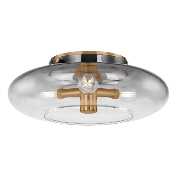 The Gunner flush mount brings industrial sophistication with its geometric design, knurled details, and warm Patina Brass finish. The ombre smoke glass diffuses light beautifully while the vault-inspired spoke design adds architectural interest.