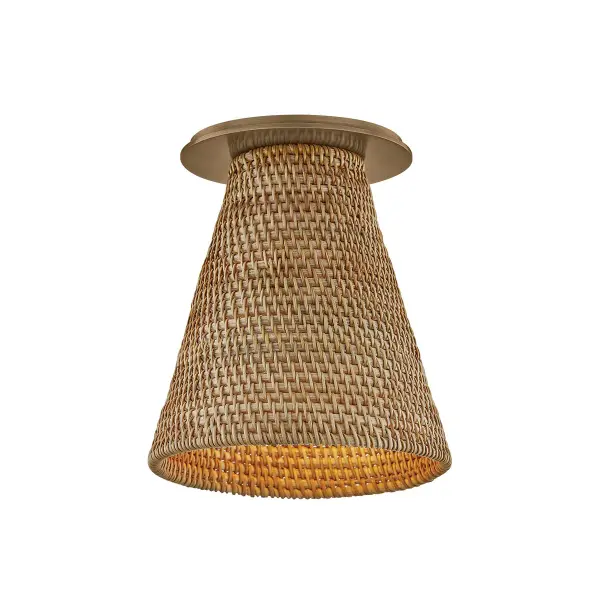 A charming 6-inch flush mount featuring vintage natural wicker basketry inspired by traditional Japanese craftsmanship. The nearly concealed metalwork creates a clean, organic aesthetic perfect for intimate spaces.