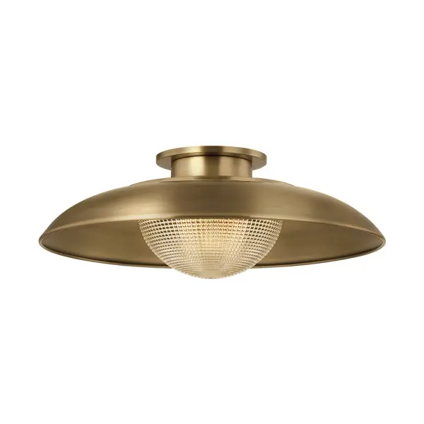 Braxton combines RLM-style industrial design with refined contemporary appeal. The shallow patina brass shade and holophane glass create beautiful light diffusion through prismatic ridges, making it ideal for spaces needing both style and function.