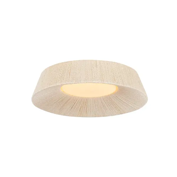 Wrapped in bleached abaca, a minimalist flush mount silhouette becomes a textural statement piece. The wide circular frame of Kenton is fitted with a glossy opal glass diffuser, emanating soft light across a large area. Available in two sizes, the warming shades of Kenton illuminate modern, coastal, or transitional interiors. Due to the one-of-a-kind nature of the medium, exact colors and patterns may vary slightly from the image shown. Collection: Kenton Designer: Troy-Standard Finish: Vintage Gold Leaf Glass: Abaca Width: 17.75" Height: 5.00" Weight: 9.90 lb Canopy: 8.75"x0.75" Number of Bulbs: 1 Maximum Wattage: 12.00 W Bulb Base: Integrated Light Source: LED Light Output: 850.00 lm Color Temperature: 2700 K CRI: 90 Voltage: 120.00 V Material: Natural Woven Country of Origin: PH Safety Listing: UL, cETL Safety Rating: Damp LED Manufacturer Warranty: 1 Year Limited Manufacturer Spec Sheet Instructions