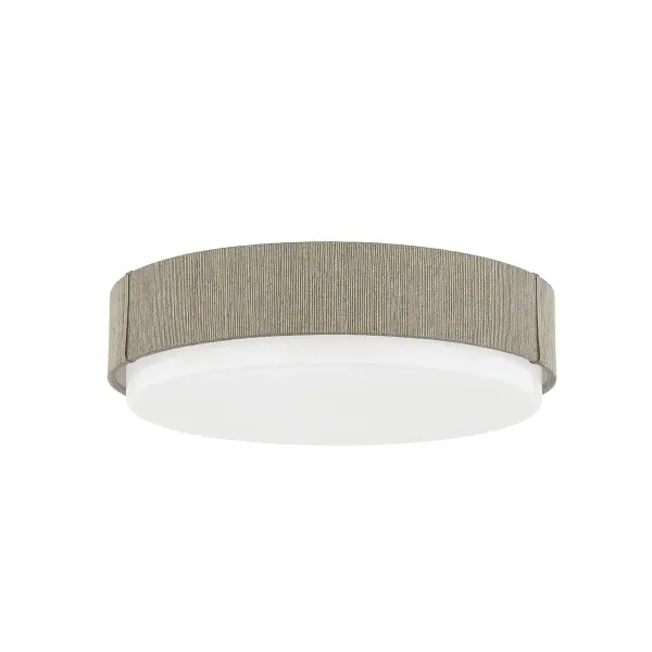 The Zane combines opal glass with earthy grass cloth wrapping and patina brass accents for a sophisticated modern rustic aesthetic. Its compact 14.25" profile and warm LED output make it ideal for intimate spaces.