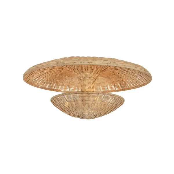 The Draco semi-flush mount combines 1960s reflector styling with handwoven natural wicker for a warm, textured lighting solution. Its compact 9.5-inch height works well in spaces with standard ceilings while the open weave creates beautiful ambient light patterns.