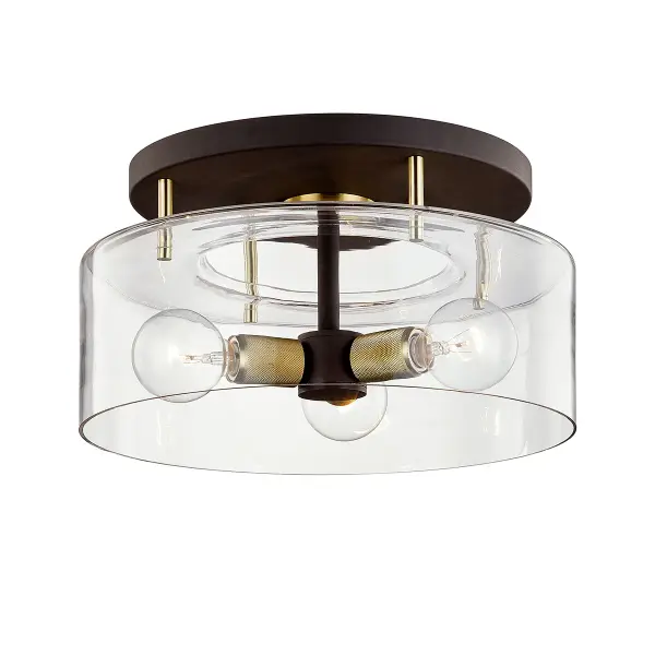 The Bergamot Station brings artisanal industrial style to low-ceiling spaces. Hand-worked iron construction in bronze finish paired with clear glass creates visual interest without overwhelming smaller rooms.