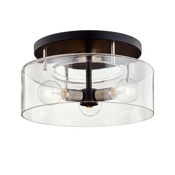 The Bergamot Station brings industrial elegance to low-ceiling spaces with its textured black hand-worked iron frame and clear glass shades. Perfect for rooms needing ambient lighting without pendant drop.