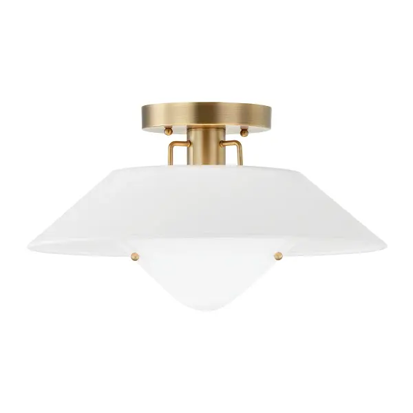 Otto delivers refined simplicity with its white linen shade, glass diffuser, and patina brass details. The streamlined design features thoughtful touches like finials on the diffuser and angled socket rods. Perfect for low ceilings needing style.