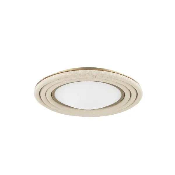 The Zion flush mount brings warmth and texture to low-ceiling spaces with its distinctive cotton rope detailing and warm brass finish. Its slim 2-inch profile and integrated LED make it ideal for compact rooms needing ambient lighting.