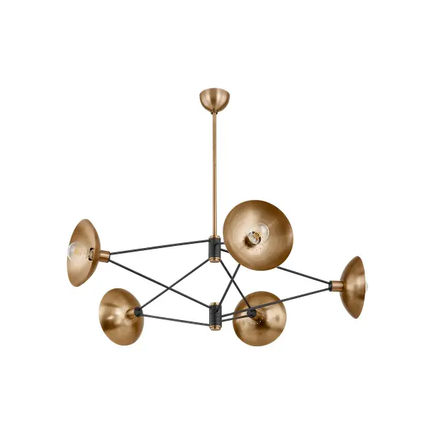 The Axel chandelier breaks from traditional layouts with its striking rhombus-shaped frame and 120-degree arm arrangement. The mixed-metal finish and perforated shades create dramatic light patterns, making it a conversation-starting centerpiece.