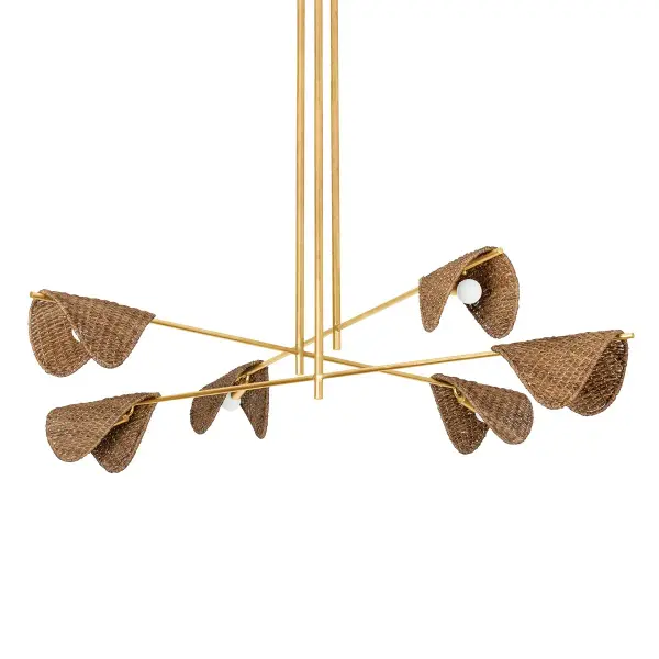 The Barnaby chandelier transforms dining spaces with its dramatic 60-inch linear design featuring six handwoven abaca fiber shades. The organic texture contrasts beautifully with the geometric Vintage Gold Leaf frame, creating a statement piece that balances natural artistry with modern sophistication.