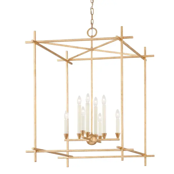 Huck delivers impressive scale with an open cage design that fills large spaces without overwhelming them. The rectangular frame in Vintage Gold Leaf creates a sophisticated focal point perfect for grand entryways and dining rooms.