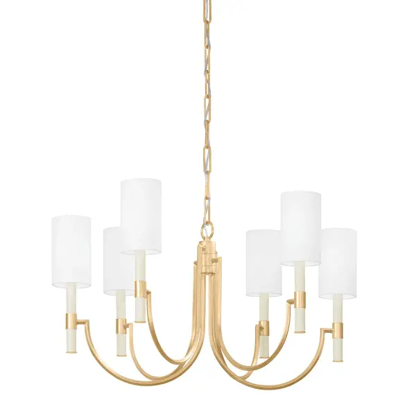 The Gustine chandelier combines classic elegance with versatile styling through its gracefully curved arms and textured Vintage Gold Leaf finish. The cream candle sleeves and white linen accents soften the metalwork, creating warmth perfect for traditional and transitional interiors.