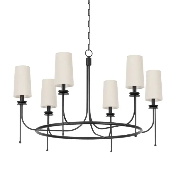 The Calder chandelier brings sophisticated artistry to large spaces with its vintage candle holder-inspired silhouette. Forged iron framework paired with natural linen shades creates a fresh, uplifting aesthetic that works beautifully in both traditional and contemporary settings.