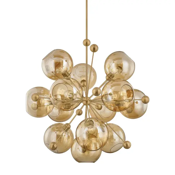 A showstopping 13-light Sputnik chandelier that commands attention with its 45.75-inch span and bronze glass globes. The Patina Brass finish and ornamental metal spheres create a maximalist composition perfect for grand spaces.